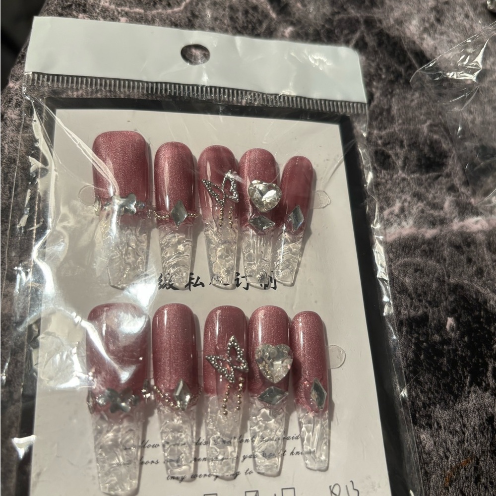 Pink Glitter Press-On Nails with Rhinestones